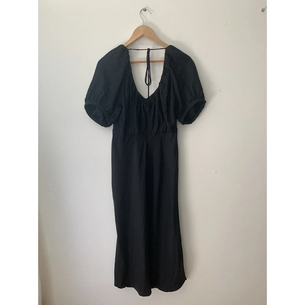 Banana Republic Viscose Linen Midi/Maxi Black Dress 12 Puff Sleeve Silky Tie - Picture 7 of 12